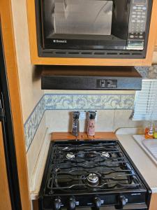 een keuken met een fornuis en een magnetron erboven bij Kiowa Teepee at Nomad Landing in Clayton