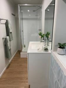 NorlaneMEPLE, Tiny Home, Pets, Walk2Food, WiFi, Bfast, Private, Serene的带水槽和淋浴的白色浴室 更多29张照片