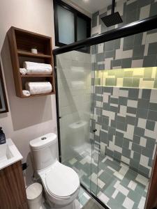 een badkamer met toilet en glazen douche bij Pánuco Suites in Mexico-Stad +9 foto's