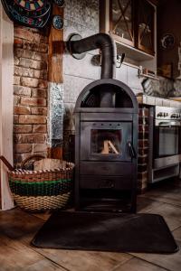a stove in a kitchen with a brick wall at Chata drewniana Stefanówka in Ślemień