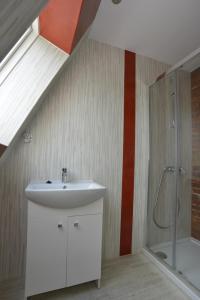 a bathroom with a sink and a shower at Mieszkanie - kawalerka in Skarżysko-Kamienna