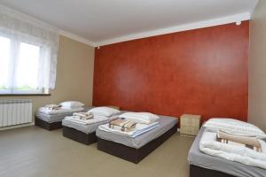 a room with three beds and a red wall at Mieszkanie - kawalerka in Skarżysko-Kamienna