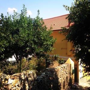a house with trees and a stone wall at BBQ Lodge in Camogli