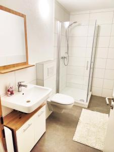 ein Badezimmer mit Waschbecken, Toilette und Dusche in der Unterkunft Stilvolles Apartment für 2 - Schwäbische Alb in Heidenheim + 1 Foto