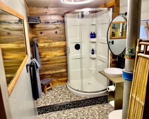 a bathroom with a shower and a sink at Hayduke's Hideout in Moab