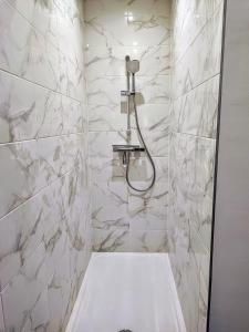 a bathroom with a shower with white marble tiles at Palais du Luxembourg in Roubaix +51 photos