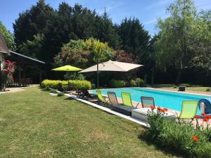 a swimming pool with lawn chairs and umbrellas at L'Etincelle villa 14 pers, piscine jacuzzi, sauna in Saint-Martin-des-Champs