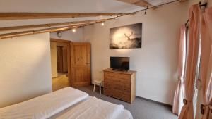 a bedroom with a bed and a tv on a dresser at Haus Walk in Oberstdorf