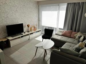 a living room with a couch and a flat screen tv at DePanne FiftyOne in De Panne