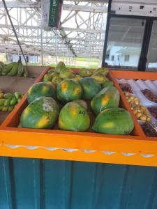 a pile of fruit on a shelf in a market at Sunset View Self Catering in Anse Boileau