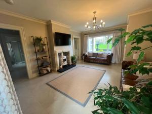 a living room with a couch and a fireplace at Ballyness Lodge in Derry Londonderry