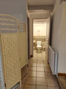 ein Badezimmer mit Toilette und ein gefliester Flur in der Unterkunft Le Mas de la Rode in Saumane + 12 Fotos