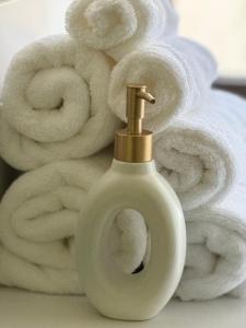 a white soap dispenser next to a pile of towels at Alpin Apartments am Dorfbrunnen JUNIOR SUITE in Steinach am Brenner +8 photos