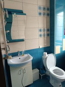 ein blau-weißes Bad mit einem WC und einem Waschbecken in der Unterkunft 1 кімнатна квартира-студія в новобудові in Czernowitz