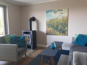 a living room with a couch and a fireplace at Haus Wellenrauschen in Zingst