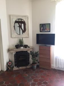 a living room with a television and a fireplace at L'académie de Clémence, Guest House Paris-Roland-Garros in Boulogne-Billancourt