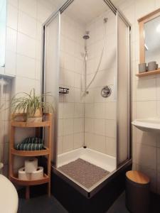 a bathroom with a shower and a sink at Augl Bischofsgrün in Bischofsgrün +37 photos