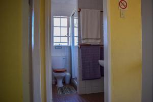 une petite salle de bain avec toilettes et lavabo dans l'établissement Dabchick Cottage, à Dullstroom