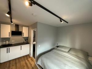 a bedroom with a large bed and a kitchen at Levdream in Leverkusen
