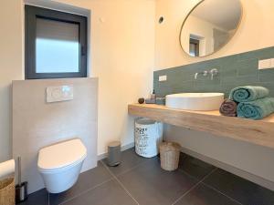 a bathroom with a sink and a toilet and a mirror at Villa Ena in a peaceful location with a sea view in Zagorje