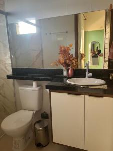 a bathroom with a toilet and a sink and a mirror at Flat Ilha Bela 22525 in Alter do Chao
