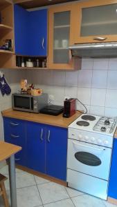 a kitchen with a white stove and blue cabinets at Plavi apartman Airport in Belgrade