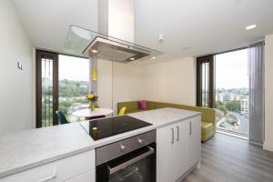 a kitchen with a sink and a living room at Crow's Nest - UCC Summer Beds in Cork