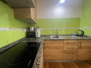 Una pequeña cocina con fregadero y microondas. en Apartamento Mercé, en Santa Pola