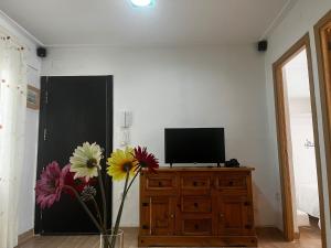 una sala de estar con TV y flores en un jarrón en Apartamento Mercé, en Santa Pola