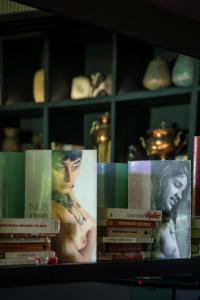 a group of books sitting on a shelf at Hôtel Ville d'Hiver in Arcachon