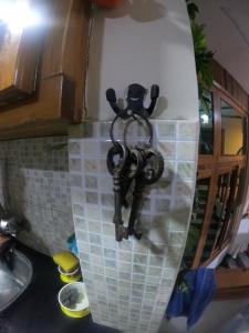a surfboard hanging on a wall in a kitchen at Kashmir Cottage Muzaffarabad in Muzaffarabad +20 photos