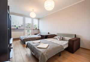 pokój z trzema łóżkami, stołem i oknem w obiekcie Apartament Centrum 32m2 Kłodzko - Przyjaciół Ziemi Kłodzkiej - Spokój, Cisza, Bliskość Atrakcji w Kłodzku