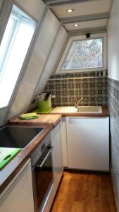 a kitchen with a sink and a window at Nurdachhaus Ferienpark Schellbronn in Schellbronn
