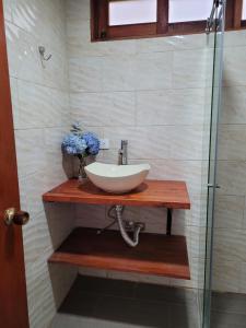 une salle de bain avec un lavabo et une douche en verre dans l'établissement La Pascana Ecolodge APTO BARRANQUERO frente al parque Arví Entorno natural excepcional, reserva natural, áreas protegidas, conexión con la naturaleza y avistamiento de aves a 3km del metrocable Guarne, à Guarne