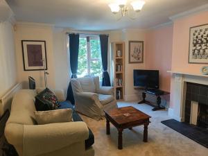 a living room with two couches and a fireplace at Charming Garden Flat in Kent