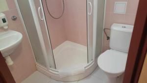 un bagno con doccia, WC e lavandino di Hotel Säntis a Komorní Lhotka