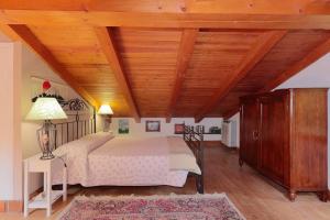 a bedroom with a large bed and a wooden ceiling at LA BARCA NEL FRUTTETO Natura e relax in collina in Lagune