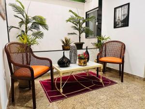 two chairs and a coffee table in a room with plants at Hotel Netto in Cachoeiras de Macacu