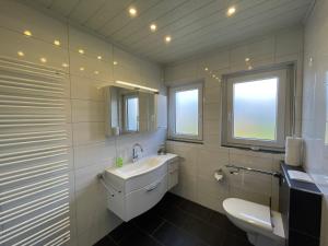 a bathroom with a sink and a toilet and two windows at Pension Braun - Dein Ankerplatz in Löhne +29 photos