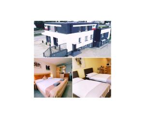 three pictures of a hotel room with two beds at Pokoje Gościnne Biały Słoń in Rumia