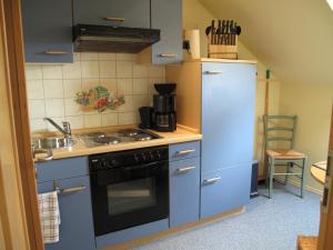 a kitchen with a stove and a refrigerator and a sink at Pension Appartementhaus Central in Nordhausen