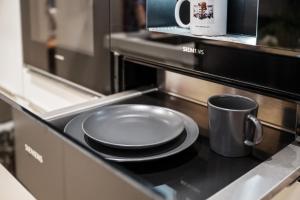 a stack of plates on a counter in a kitchen at EDLER WOHNRAUM Schwanenteich-Suite mit Balkon, Kaffeevollautomat, Lift & Parkplatz in Zwickau