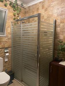 una cabina de ducha en un baño con inodoro en Females only Private bedroom stay with me Rehab city, en El Cairo