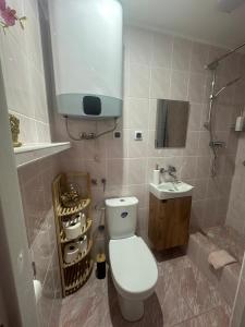a bathroom with a toilet and a sink at Apartament Pastelowy Kołłątaja in Tomaszów Mazowiecki