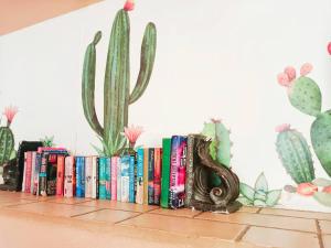 een rij boeken op een plank met cactussen bij Terraza Studios in Cabo San Lucas