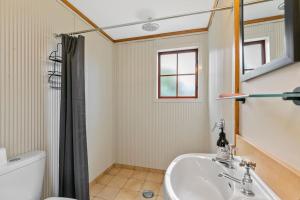a bathroom with a sink and a toilet and a mirror at Kew Cottage in Greytown +18 photos
