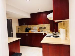 a kitchen with brown cabinets and a stove top oven at Cozy Walkout Basement with Tranquility in Toronto +22 photos