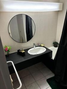 a bathroom with a sink and a mirror at La belle étape et Parking in Carquefou