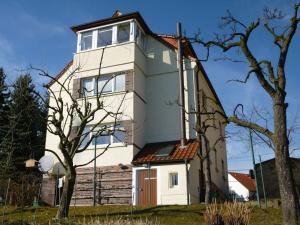 a white house with a tree in front of it at Wiete Lenk Comfortable holiday residence in Dresden