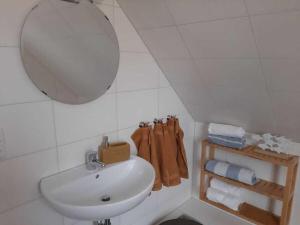 a bathroom with a sink and a mirror and towels at "thousand lakes" Comfortable holiday residence in Marienfelde +19 photos